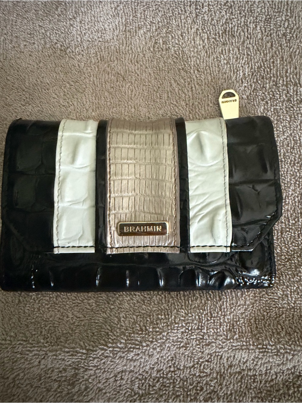 Brahmin Black, Cream and Gold Croc-Embossed Foldover Wallet